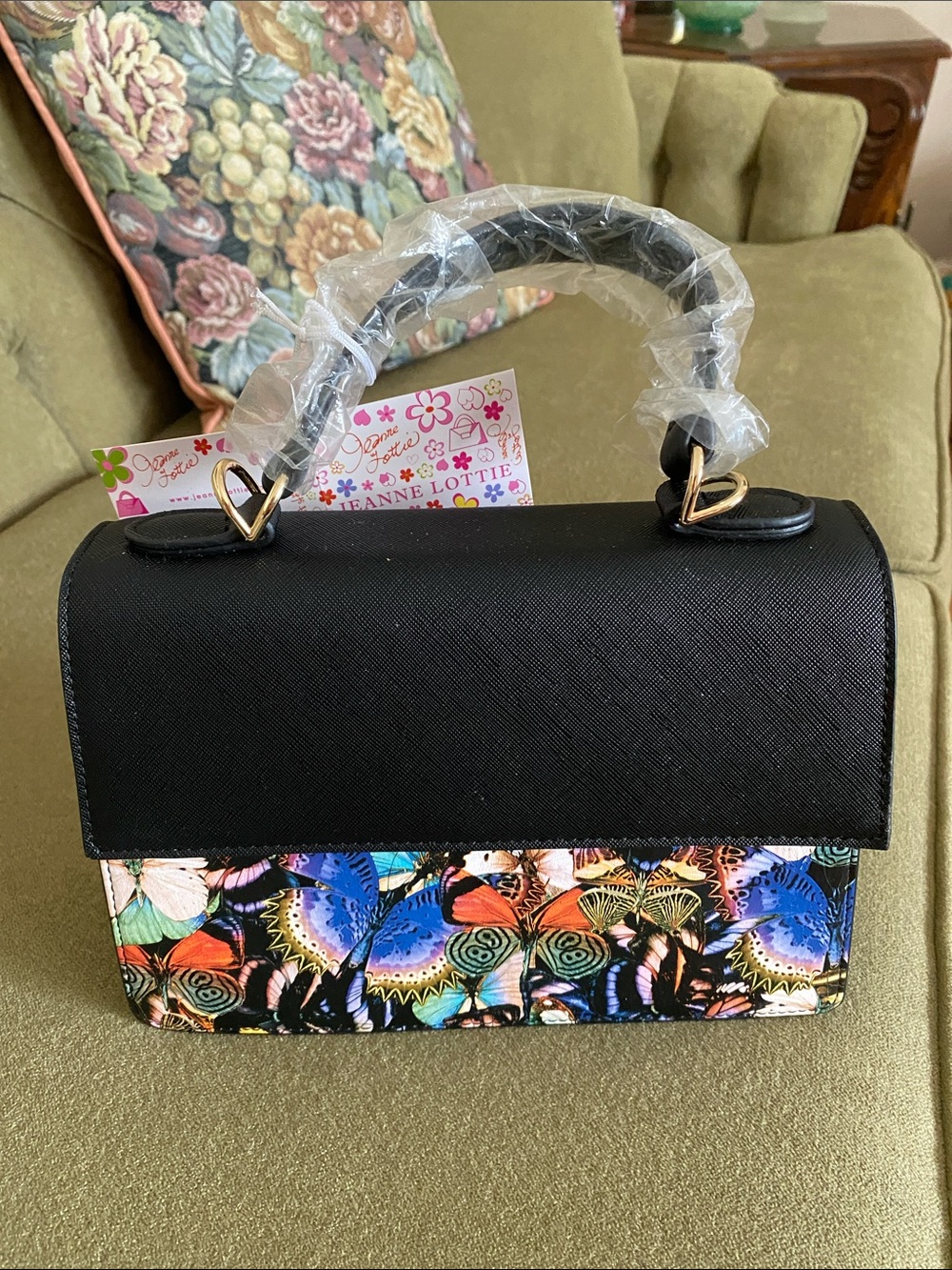 Jeanne Lottie Black Satchel with Colorful Butterfly Panel